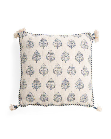 20x20 Block Print Pillow With Braided Trim And Tassels | TJ Maxx