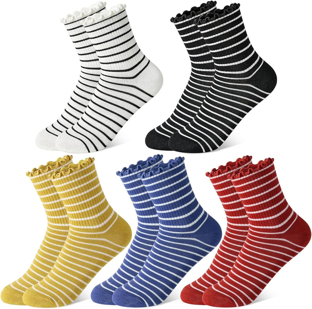 5 Pairs Retro Striped Ruffle Crew Socks for Women | Amazon (US)