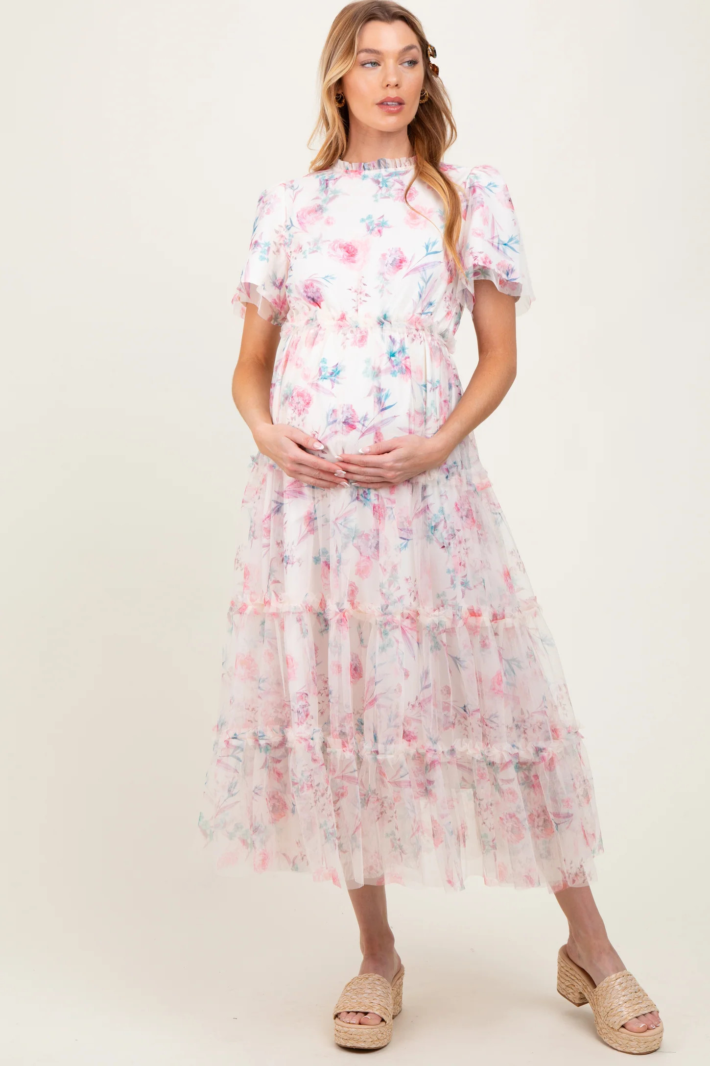 Ivory Floral Mesh Ruffle Tiered Maternity Midi Dress | PinkBlush Maternity