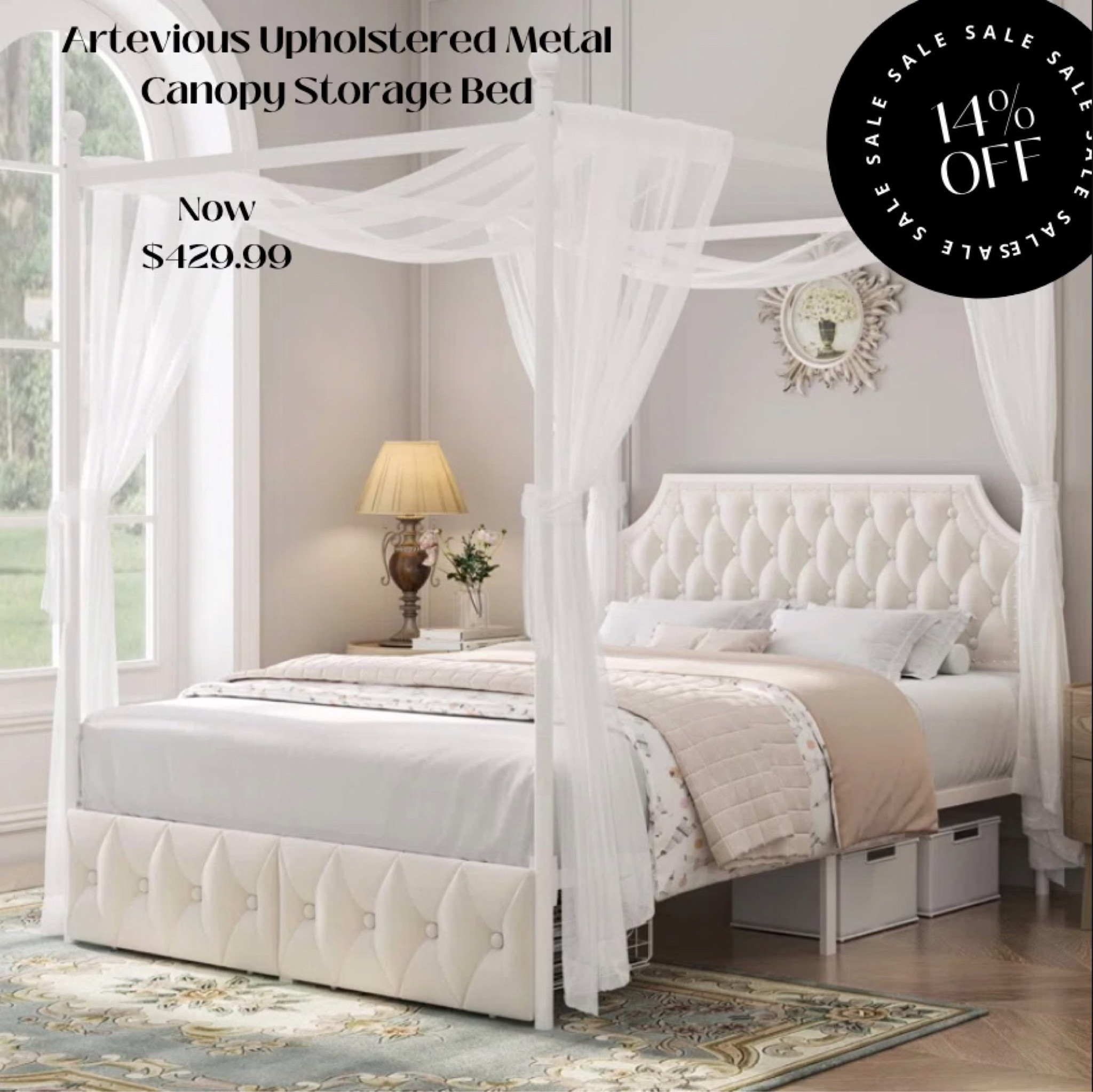 Upholstered metal canopy bed with storage, tufted bed, luxury bed, glam bed, neutral canopy bed

#LTKSaleAlert #LTKHome