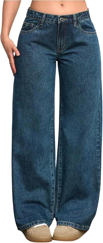 GORGLITTER Girl's Cute Baggy Wide Leg Jeans Elastic High Waisted Denim Pants Bottoms with Pockets | Amazon (US)