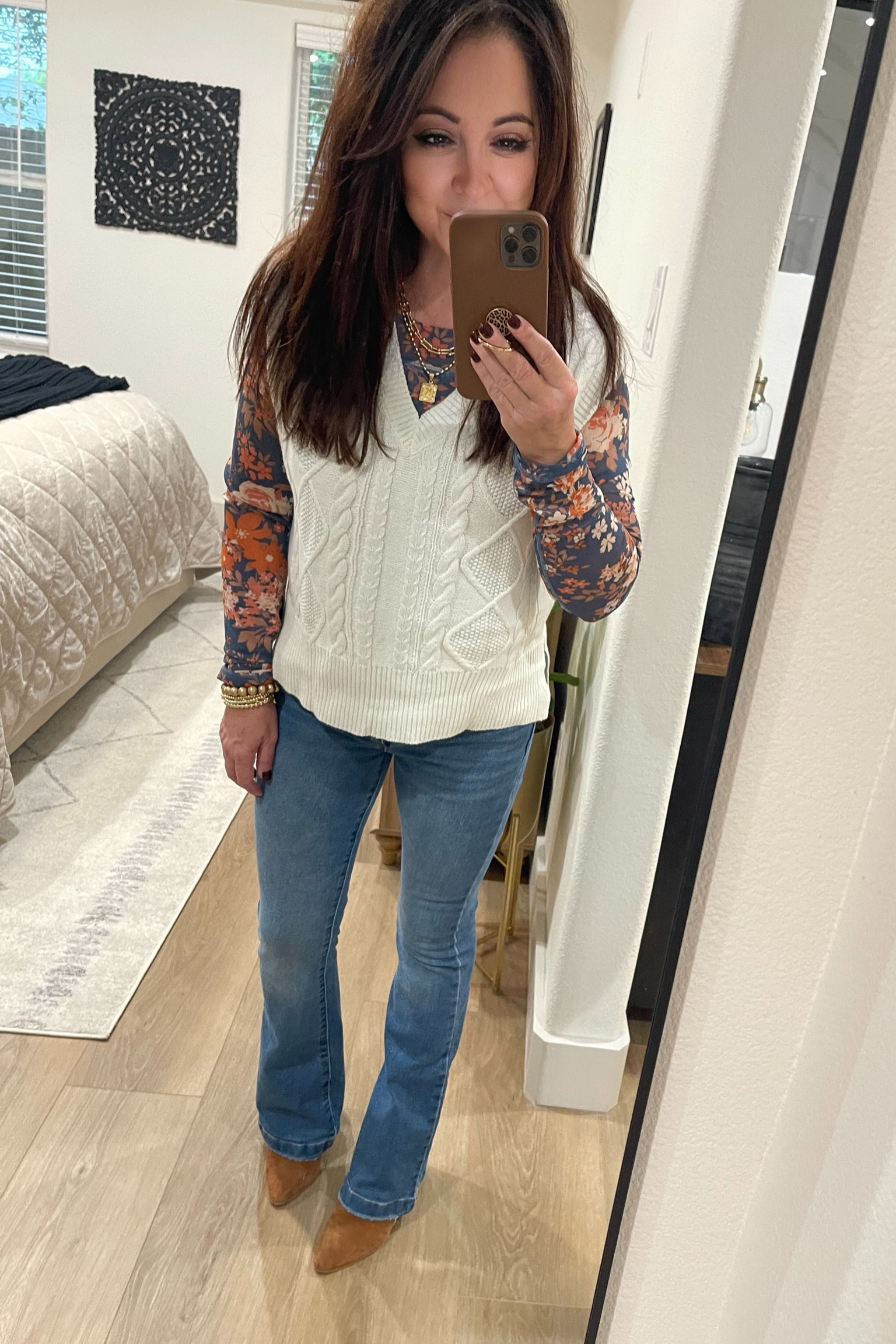 Amazon has cute sweater vests and they are perfect for layering over mesh tops. 
Cream boots are so versatile and I’ll be wearing mine on repeat this Fall!
Sweater vest L (I didn’t want a tight fit) I’m usually a M in most sweaters

#LTKFindsUnder50 #LTKStyleTip