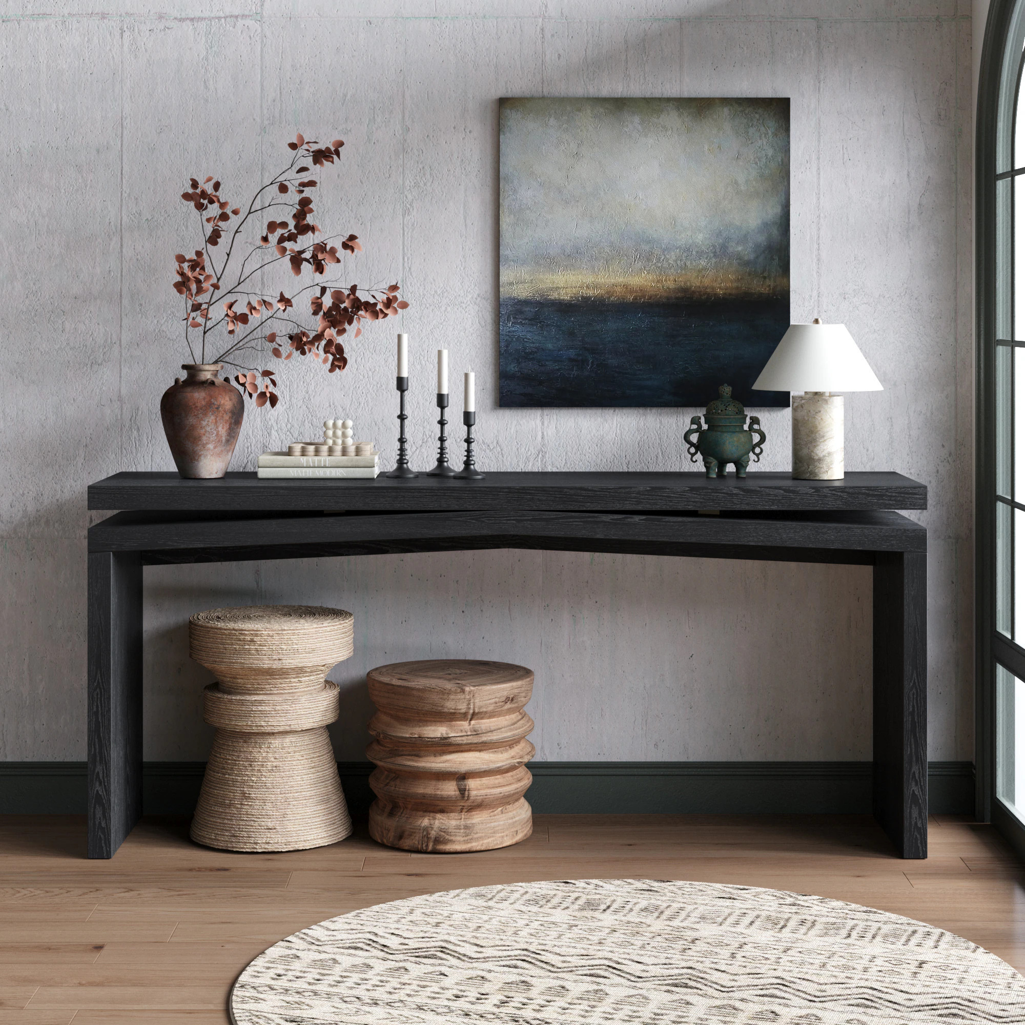 Vynxaria 65-in Black Rectangular Wood veneer Console Table with open profile | LS0505-144511141 | Lowe's