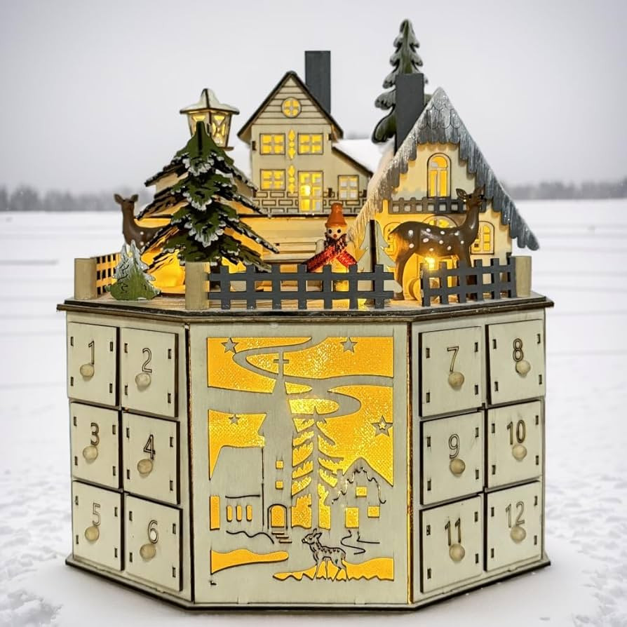 Irieiply Large Christmas Wooden Musical Advent Calendar with LED Decoration Reindeer Cabin and Ch... | Amazon (US)