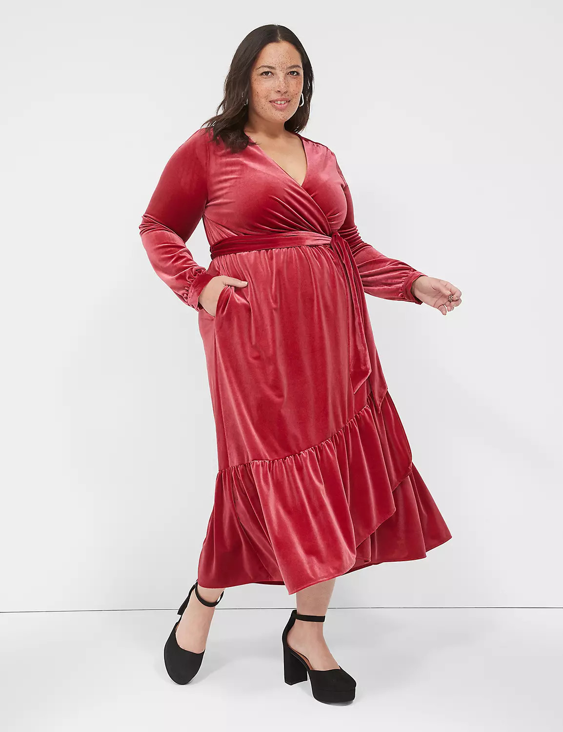 Tiered Wrap Velvet Midi Dress | LaneBryant | Lane Bryant (US)