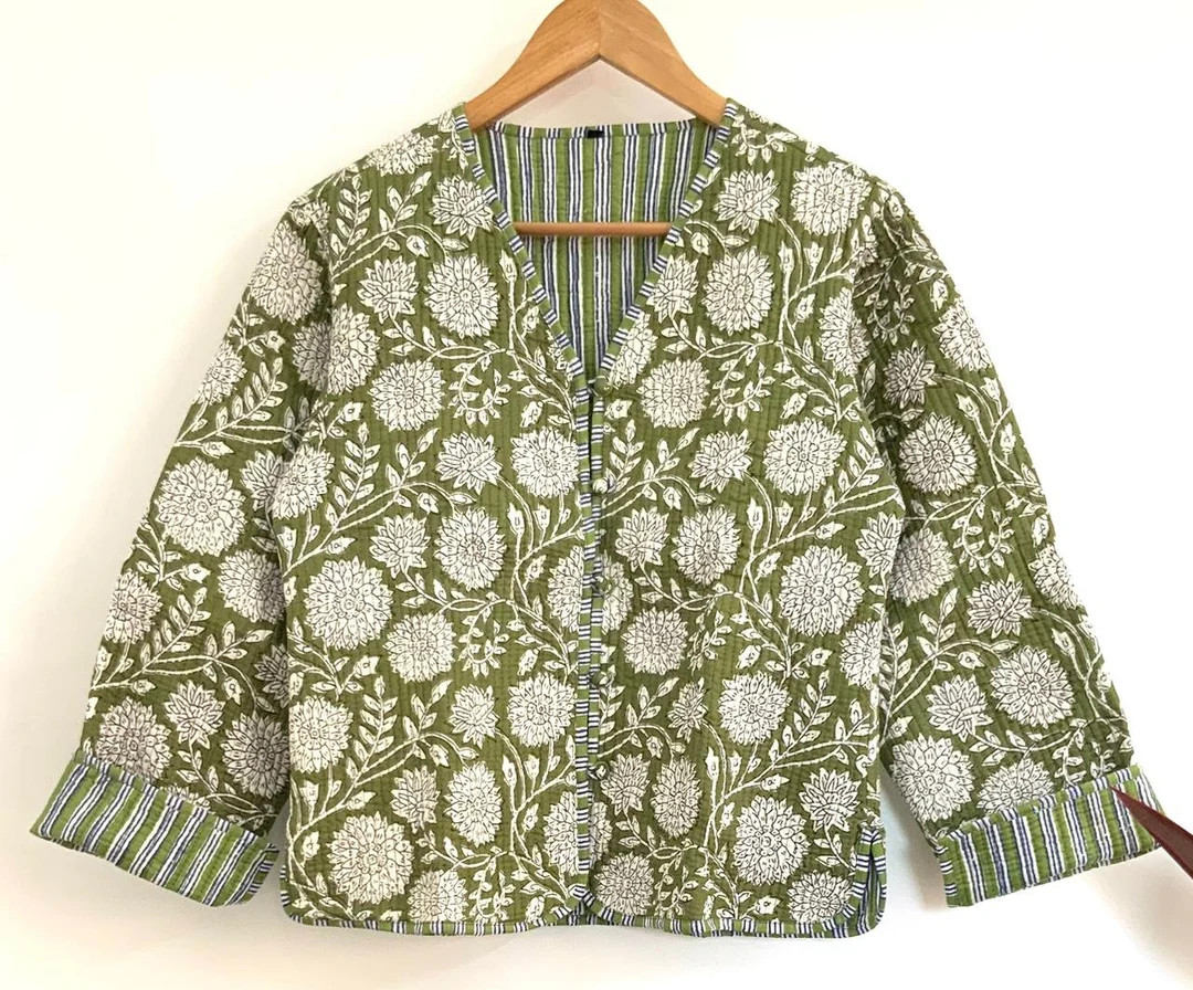 Beautiful Olive Green 100% Cotton Handmade Reversible Light Weight Quilted Short Jacket,womenwear... | Etsy (UK)