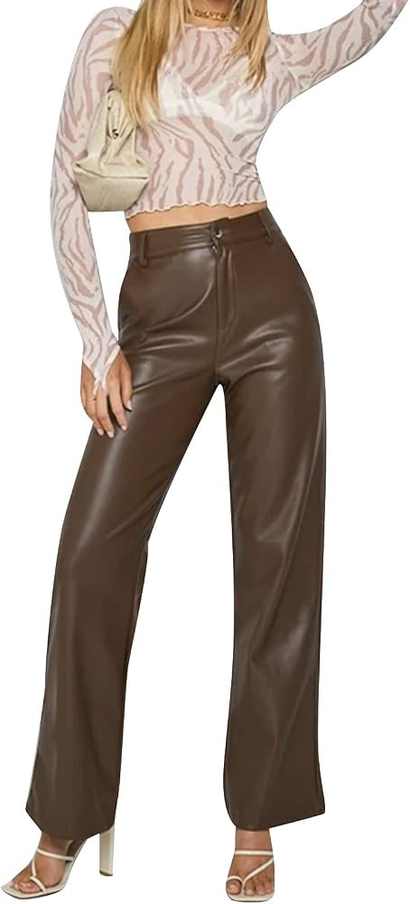 Hongskye Women Faux Leather Pants High Waist Straight Wide Leg Leggings Slim Fit Trousers with Po... | Amazon (US)