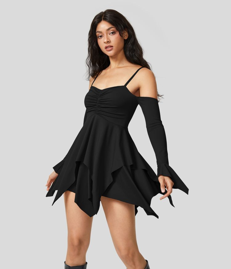 Women’s Adjustable Strap Ruched Backless Long Sleeve Layered Hanky Hem Mini Casual Dress - Hala... | HALARA