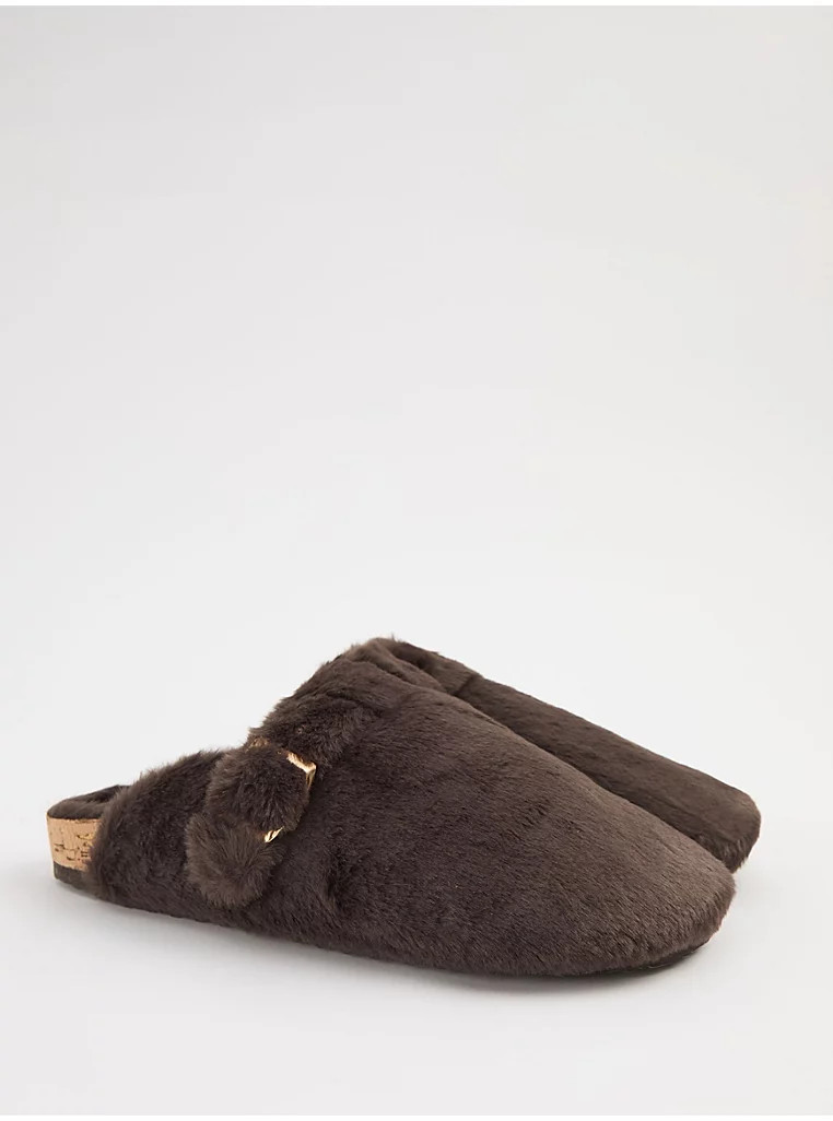 Chocolate Brown Faux Fur Buckle Strap Mule Slippers | George at ASDA