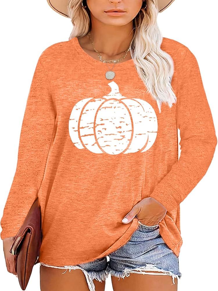 Chulianyouhuo Plus Size Halloween Pumpkin T Shirt Women Long Sleeve Fall Graphic Tees Thanksgivin... | Amazon (US)