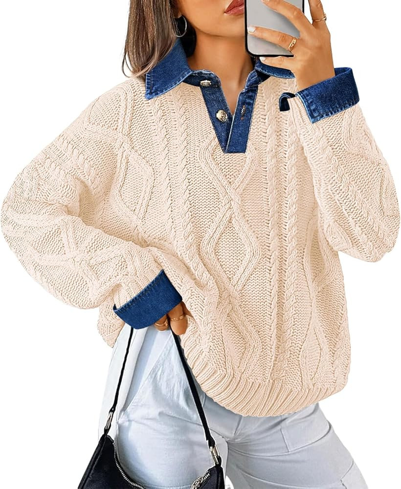 Soesdemo Womens Oversized Cable Knit Sweaters Chunky Long Sleeve Button Up Denim Polo Neck Knit P... | Amazon (US)