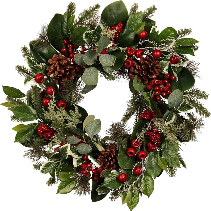 22-Inch Artificial Christmas Wreath with Pinecones, Red Berries, and Magnolia - Holiday Door Wrea... | Amazon (US)