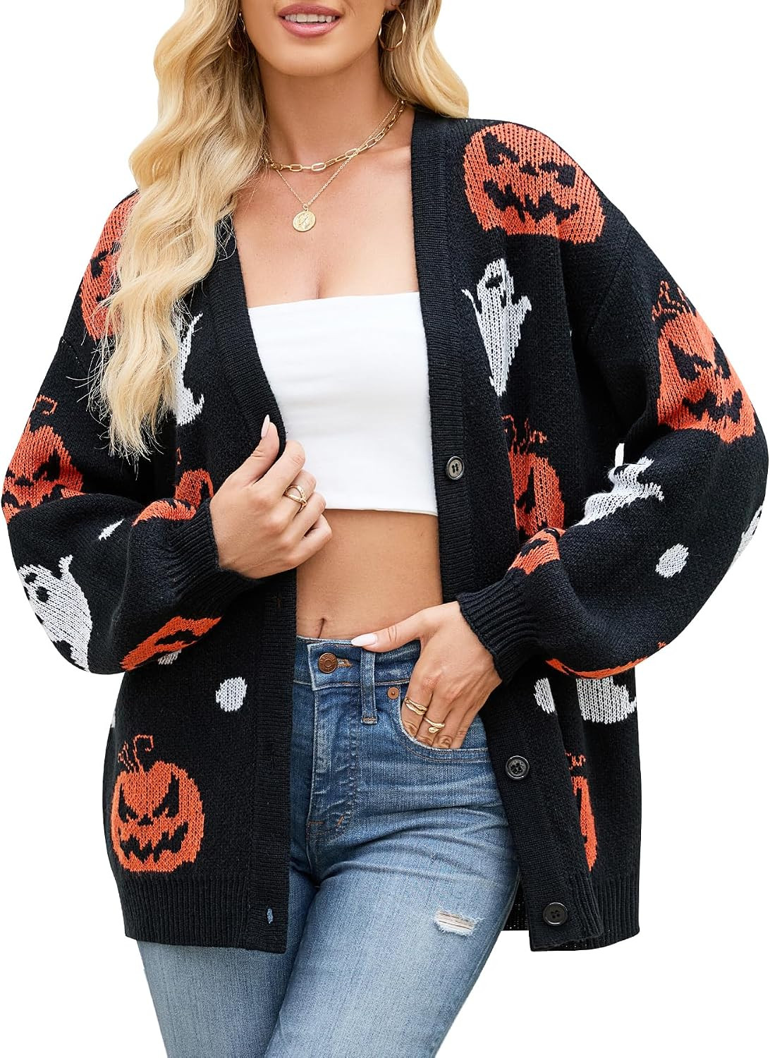 Cardigan Sweaters for Women Halloween Pumpkin Ghost Outerwear Tops | Amazon (US)