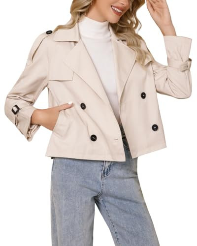 WYOYW Cropped Trench Coat For Women Double Breasted Casual Trendy Long Sleeve Short Jacket Beige S | Amazon (US)