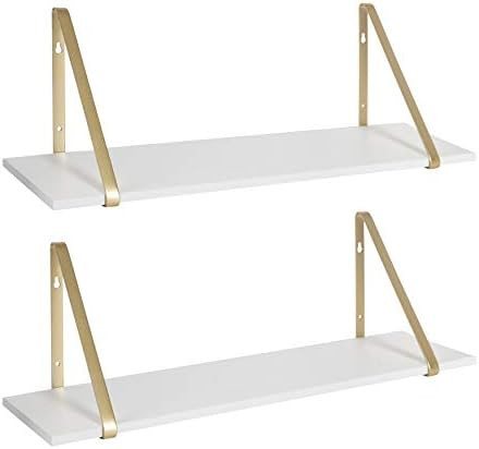 Kate and Laurel Soloman White Wooden Shelves with Gold Metal Brackets, 2 Piece Set | Amazon (US)
