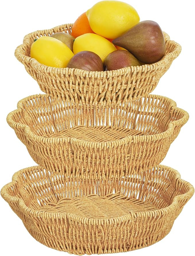 3 Pack Poly Wicker Bread Baskets, Imitation Rattan Fruit Baskets, Hand Woven Round Scalloped Tabl... | Amazon (US)