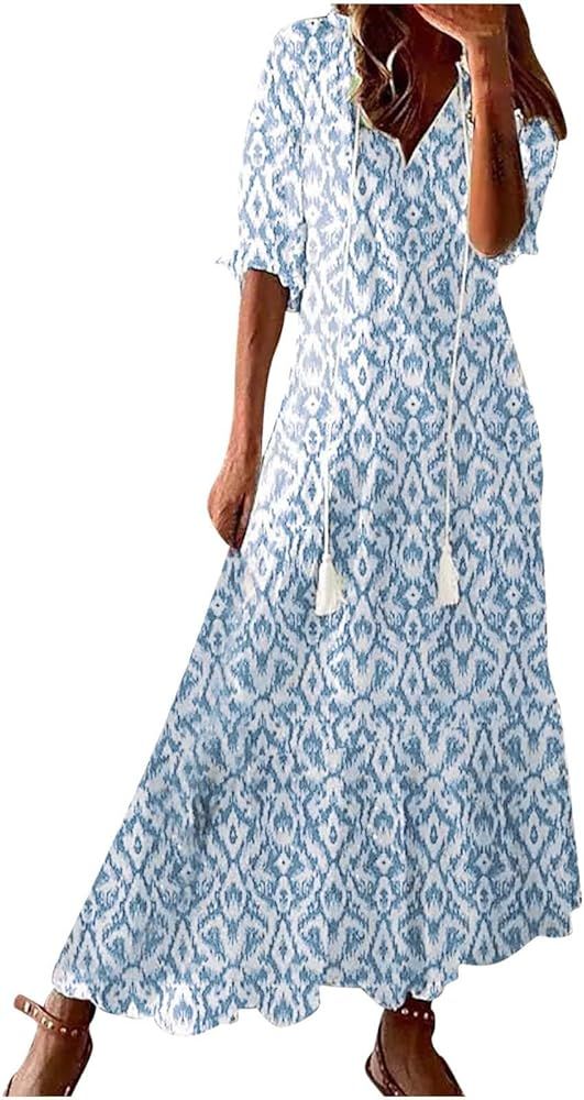 MaMiDay Maxi Dress for Women Half Sleeve Casual V Neck Drawstring Ruffle Collar Dresses 2024 Ligh... | Amazon (US)