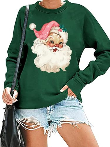 RFBIQI Pink Santa Christmas Sweatshirt for Women Retro Santa Claus Graphic Shirts Funny Xmas Gift Top Casual Holiday Pullover (S, Green) | Amazon (US)