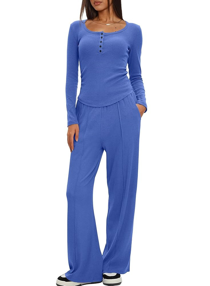 Darong Women's Fall Trendy 2 Piece Outfits Lounge Sets Long Sleeve Top Henley Shirts Wide Leg Pan... | Amazon (US)