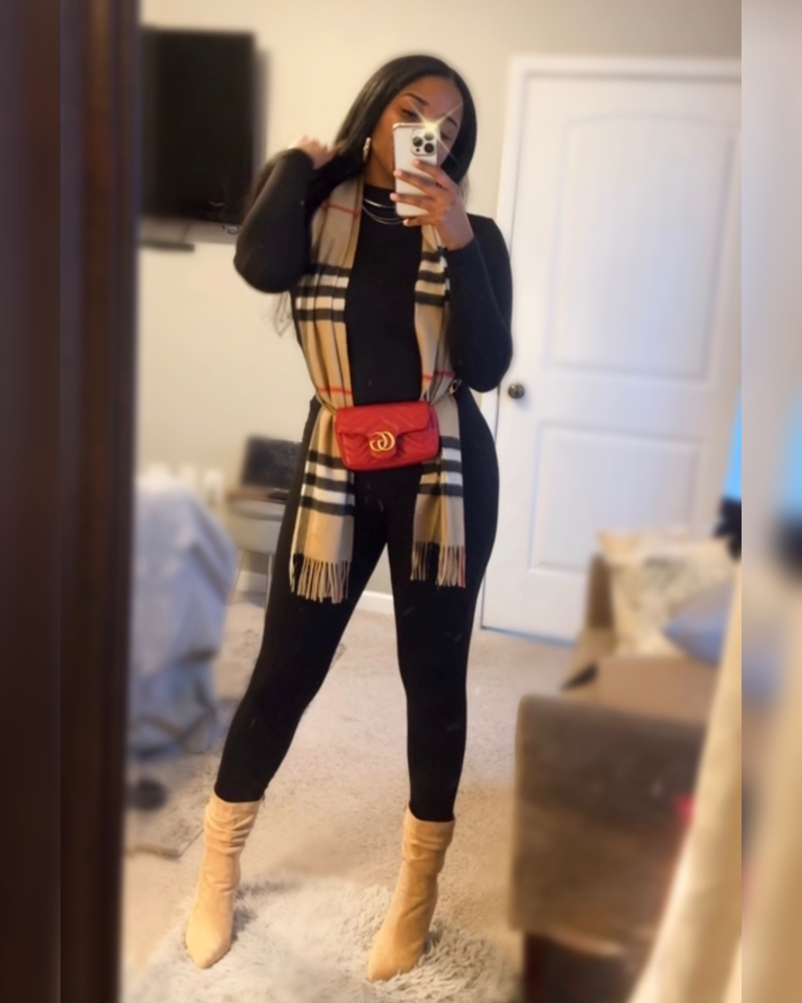 Burberry Scarf, Red Gucci Supermini Marmont, and Black Jumpsuit outfit 

#LTKSeasonal #LTKStyleTip