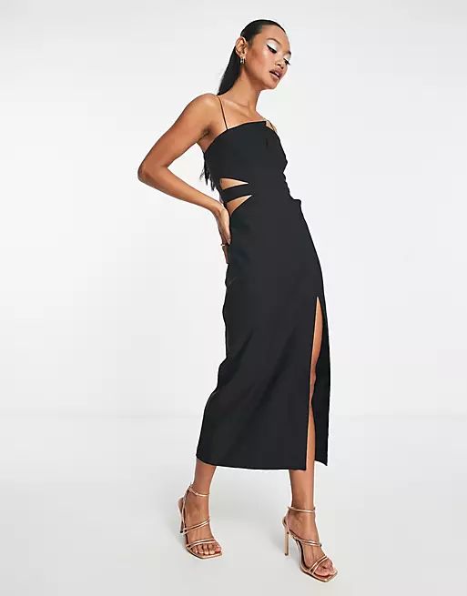 Vesper cami strap cut out waist midaxi dress with thigh split in black | ASOS (Global)