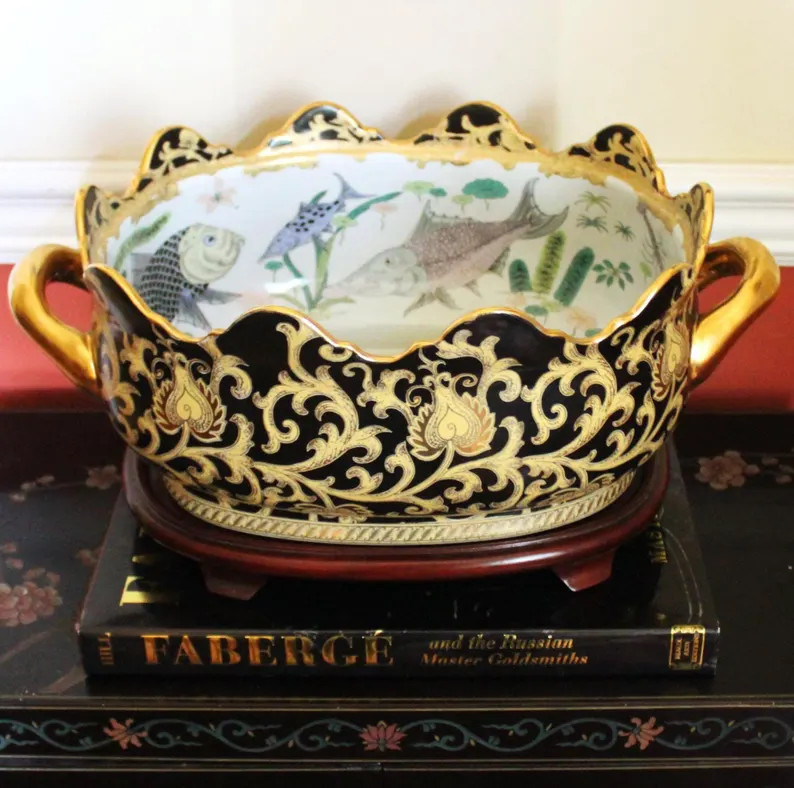 Large Asian Foot Bath Planter w/ Stand: 16" Black Gold Porcelain Fish Cachepot, Vintage | Etsy (Global)