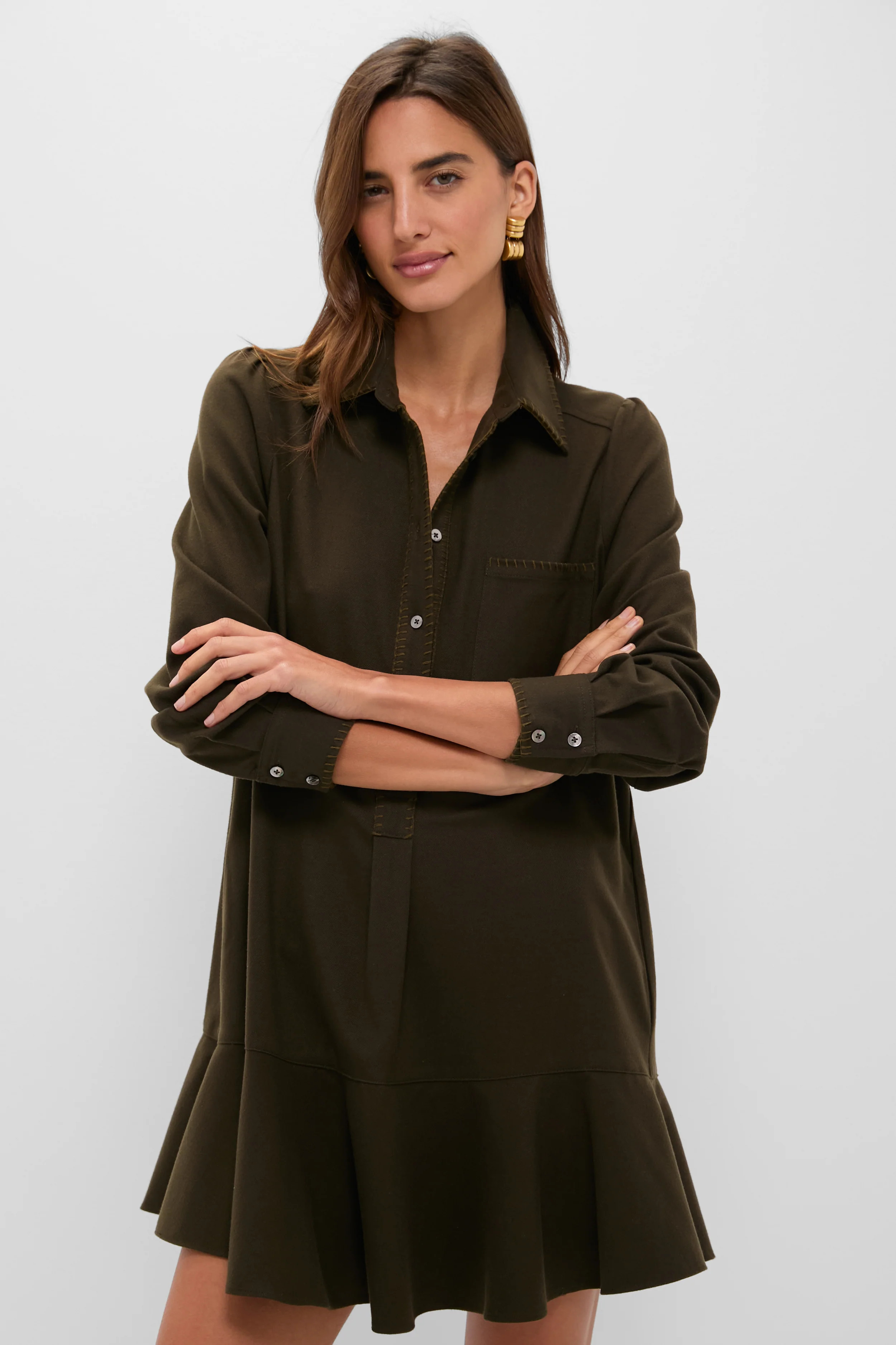 Dark Olive Whipstitch Brushed Wool Callahan Shirt Dress | Tuckernuck (US)