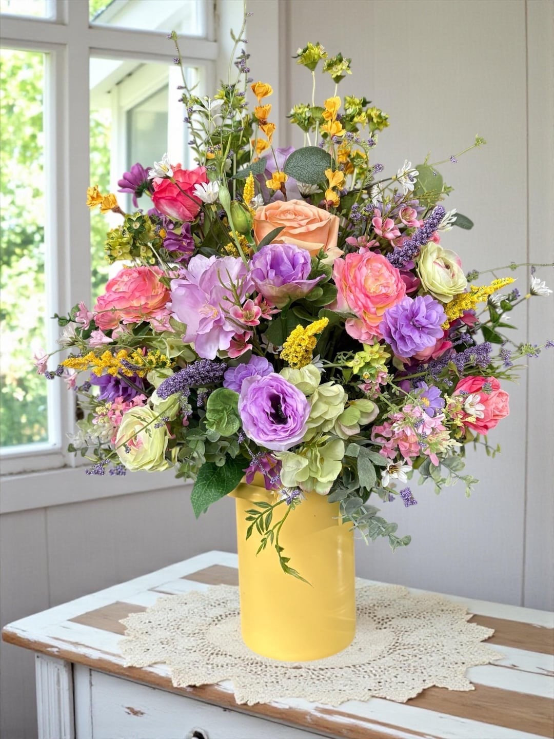 Make a statement with this breathtaking tall spring bouquet, overflowing with lush blooms and soft eucalyptus for that perfect shabby chic touch. Featuring a dreamy mix of roses, lisianthus, ranunculus, hydrangeas, and delicate filler flowers, this arrangement is full, airy, and beautiful from every angle. Its generous size adds instant impact to entry tables, dining spaces, or special events—bringing fresh, garden-inspired elegance to your home all year long. #LTKhome #springdecor #floralarrangement #cottagestyle #shabbychicdecor #eucalyptusdecor #homedecorinspo #etsyhome

#LTKWedding #LTKSeasonal #LTKHome