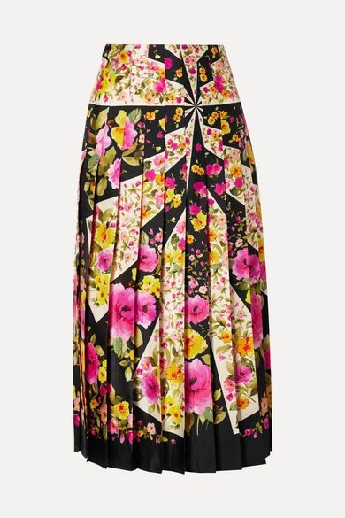 Gucci - Pleated Floral-print Silk-twill Midi Skirt - Pink | NET-A-PORTER (US)