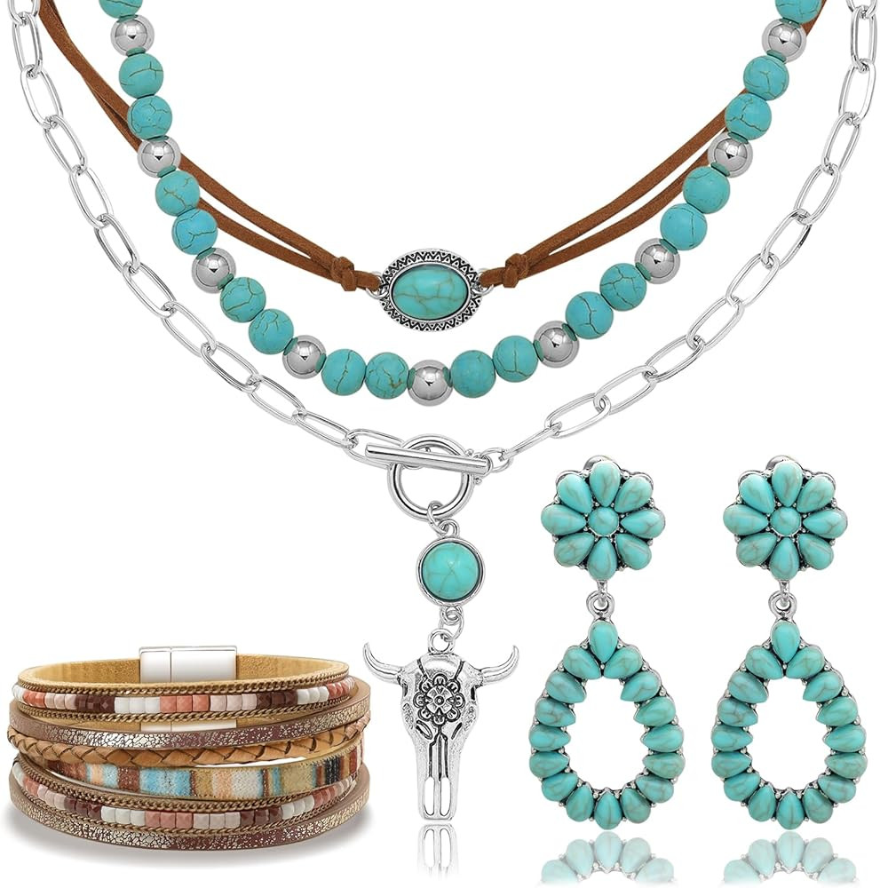 RechicGu Western Jewelry For Women Bohemian Turquoise Dangle Earrings Necklace Bracelet Set, Bull... | Amazon (US)