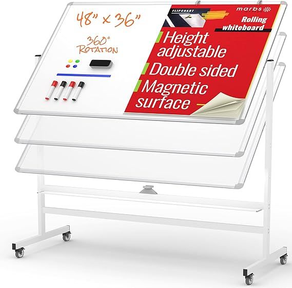 MARBS 48"x36" Rolling Whiteboard with Stand & Flipchart, Height Adjust Mobile Whiteboard Magnetic... | Amazon (US)