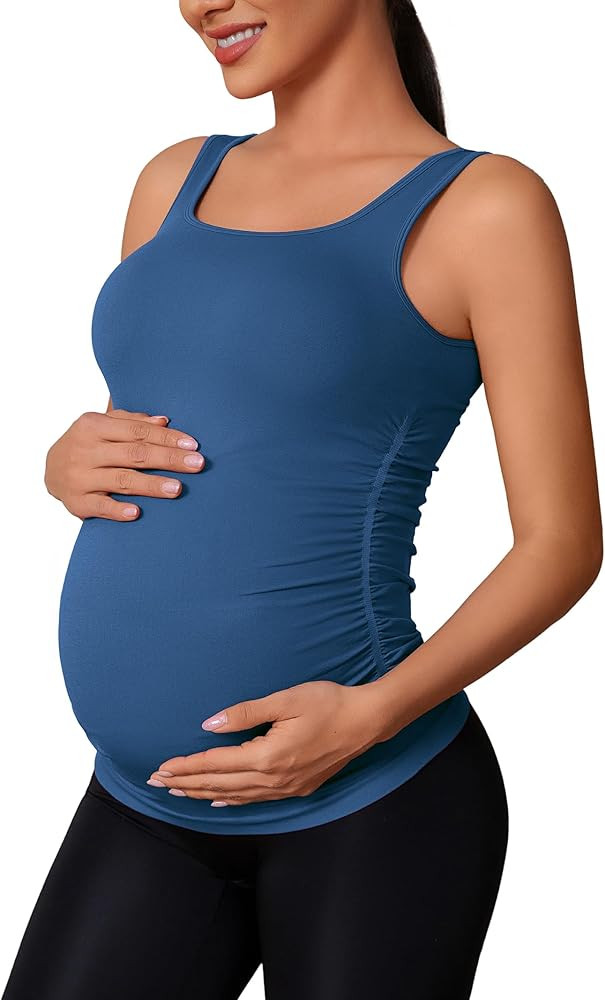 ATTRACO Maternity Tank Tops Seamless Side Ruche Sleeveless Pregnancy Basic Shirt with Built in Br... | Amazon (US)