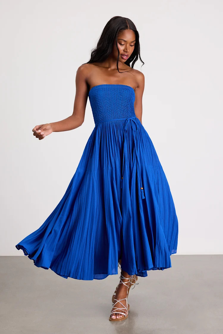Altana Blue Pleated Strapless Midi Dress | Lulus