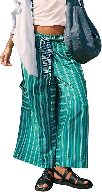 Bankeng Women Drawstring Striped Pants Loose Wide Leg Lounge Pants Casual Palazzo Pants Trousers ... | Amazon (US)