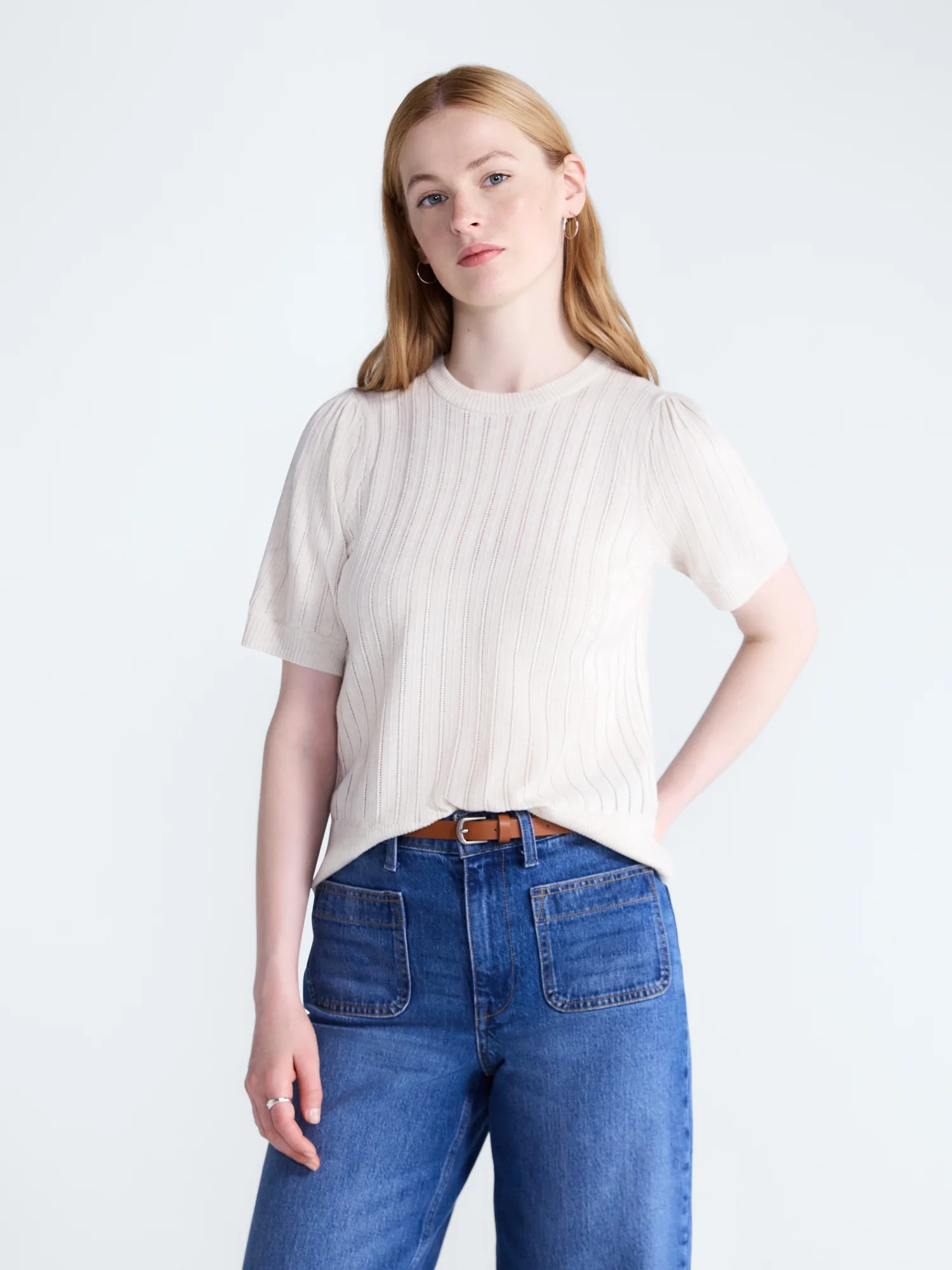 Free Assembly Women’s and Women's Plus Pointelle Sweater with Puff Sleeves, Sizes XS-4X | Walmart (US)