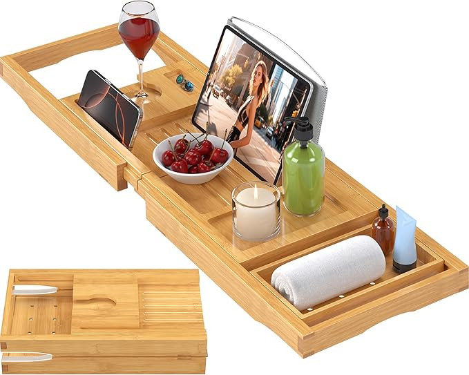 Amazon.com: Foldable Bathtub Caddy Tray for Tub,Bamboo Expandable Bath Table Trays,Premium Bathro... | Amazon (US)