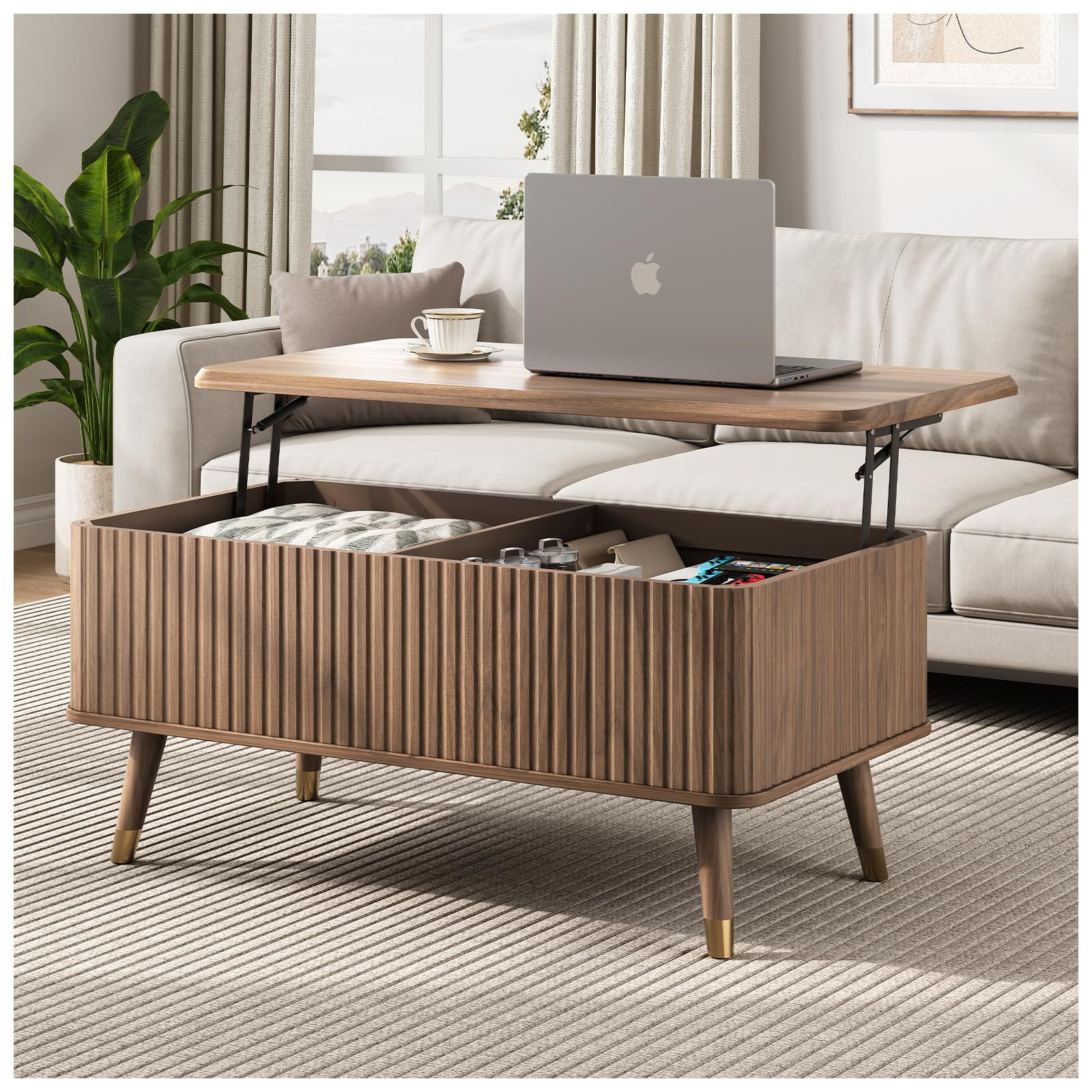 Lift Top Coffee Table with Storage,Mid Century Modern Coffee Table,Fluted Wood Rectangle Center T... | Amazon (US)