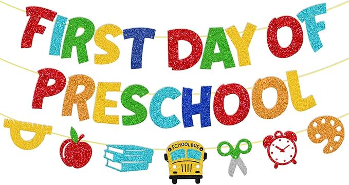 First Day of Preschool Banner for 1st Day of Preschool Decorations Apple Ruler School Bus Scissor... | Amazon (US)