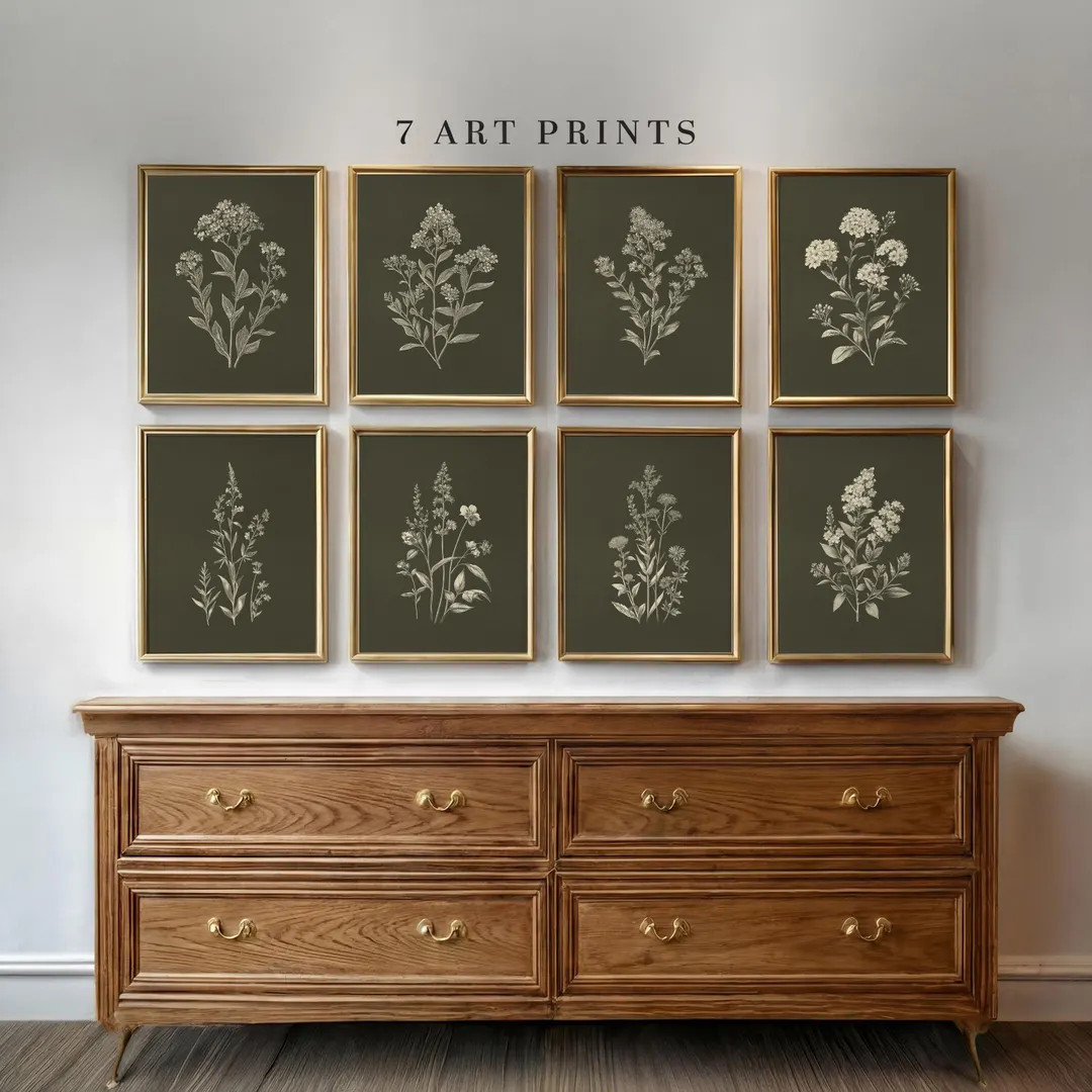 Olive Botanical Wall Art Set,Vintage Green Plant Prints,Rustic Gallery Decor,Digital Download | Etsy (US)