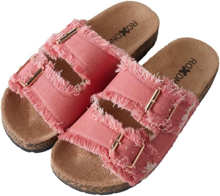 Roxoni Women's Comfort Flat Sandals Double Buckle Adjustable Straps Flat Slides Footbed Suede | Amazon (US)