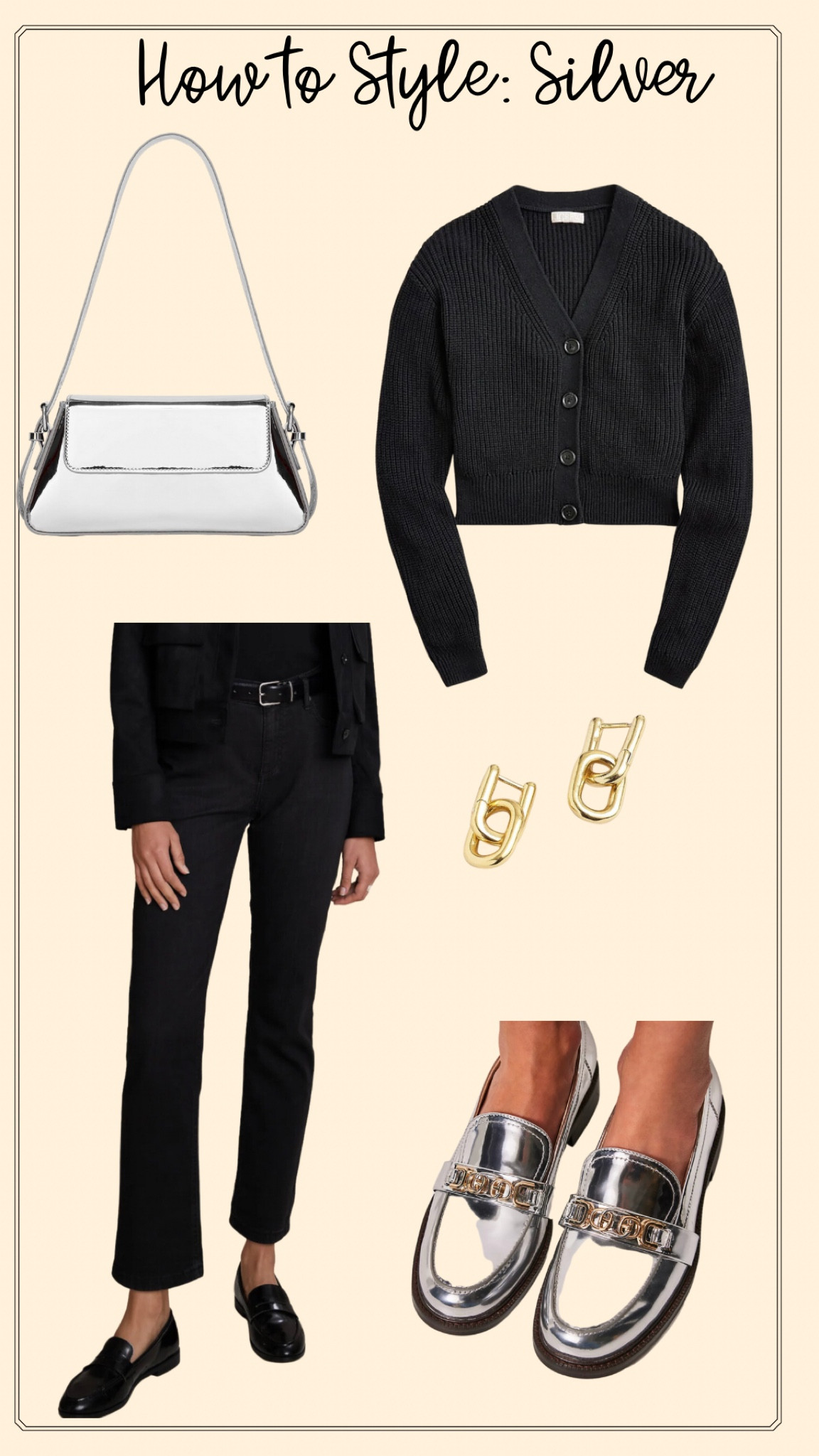 The metallic silver loafer paired with a straight pair of black jeans and a cardigan sweater. Bring in the silver with a silver purse and a small pair of gold earrings to bring in the gold buckle from the loafers  

#LTKshoecrush #LTKSeasonal #LTKsalealert