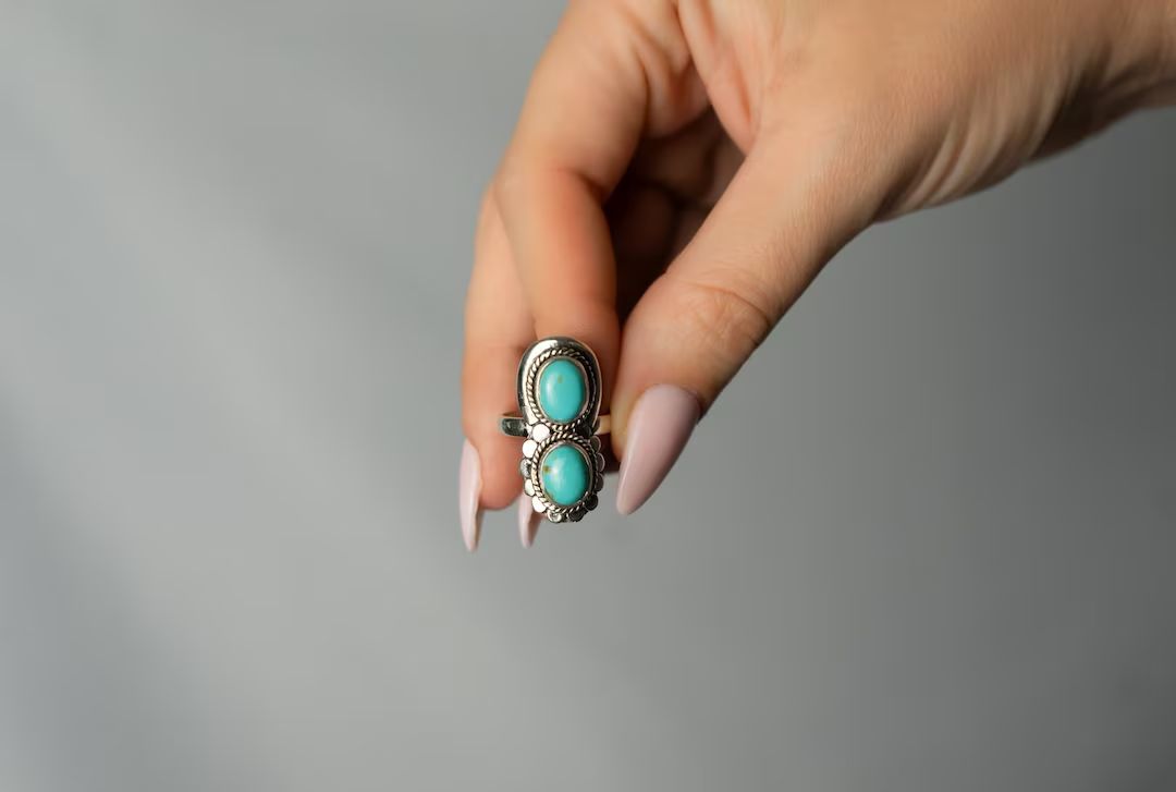 Genuine Kingman Turquoise Ring, Turquoise Silver Ring, Two Stone Turquoise, Turquoise Boho Ring -... | Etsy (US)