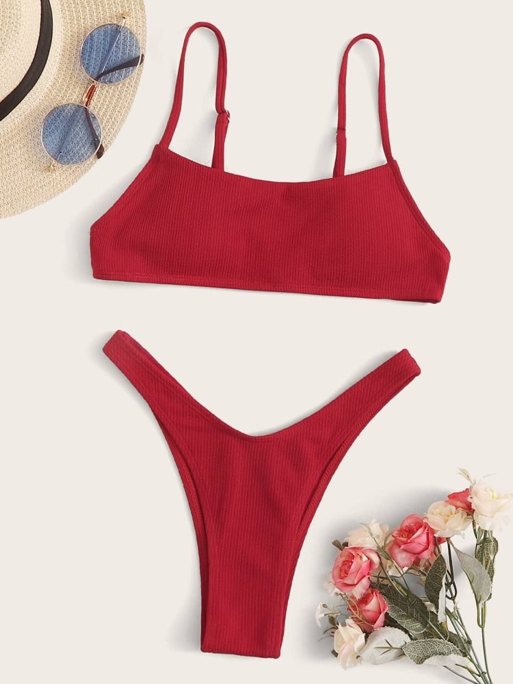 Ribbed High Leg Red Bikini Swimsuit | ROMWE