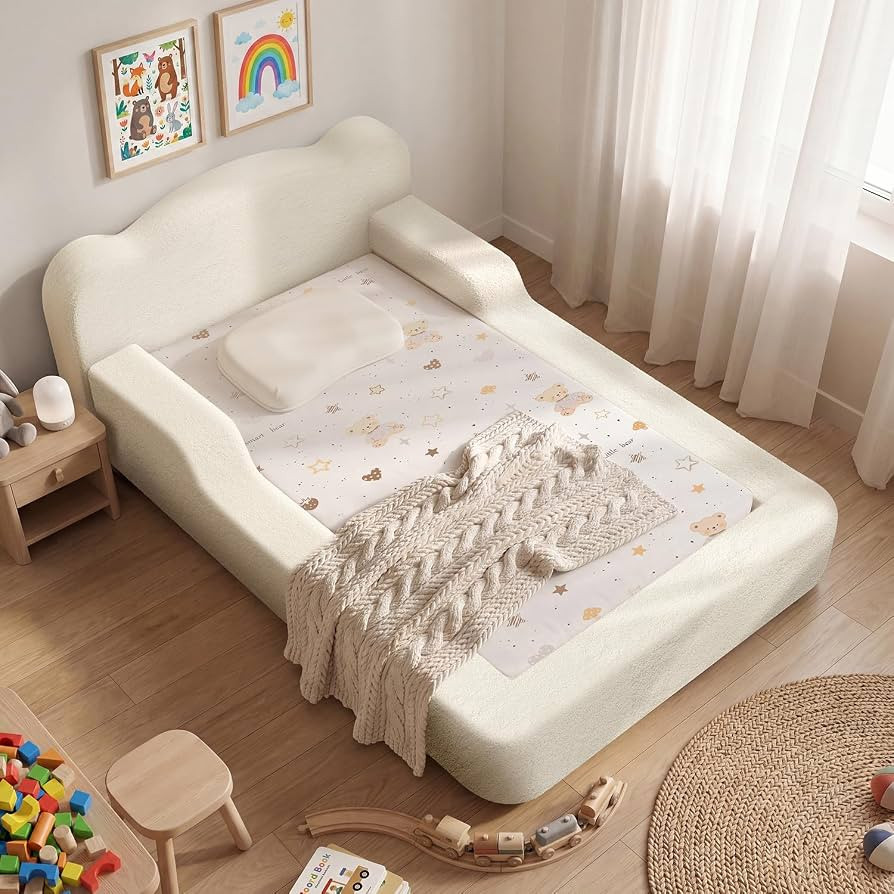 Twin Floor Bed, Toddler Floor Bed Upholstered, Safety Guardrails, Beige | Amazon (US)