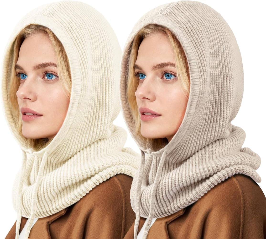 Hooded Scarf Hat Knit Balaclava Women Beanie Skull Cap with Drawstring Warm Winter Hats for Women... | Amazon (US)