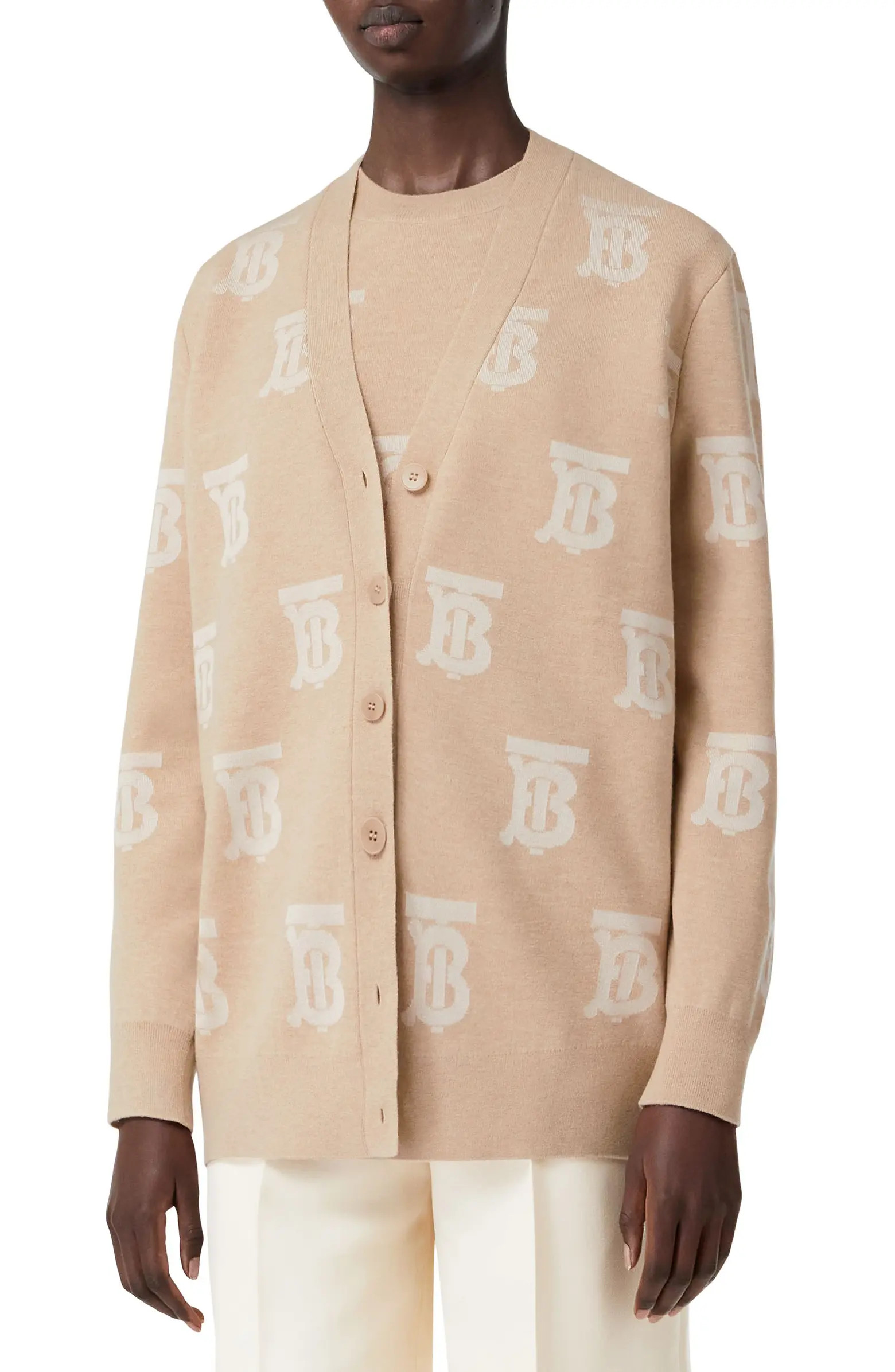 TB Monogram Jacquard Wool & Silk Blend Cardigan | Nordstrom