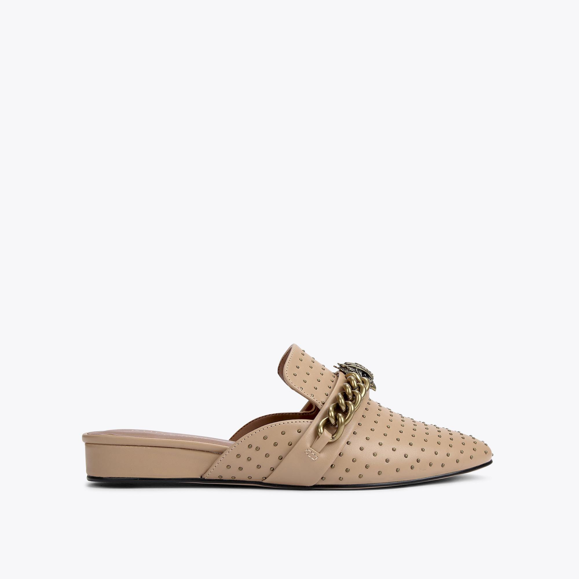 CHELSEA MULE Camel Eagle Chain Stud Leather Flat Mules by KURT GEIGER LONDON | Kurt Geiger US
