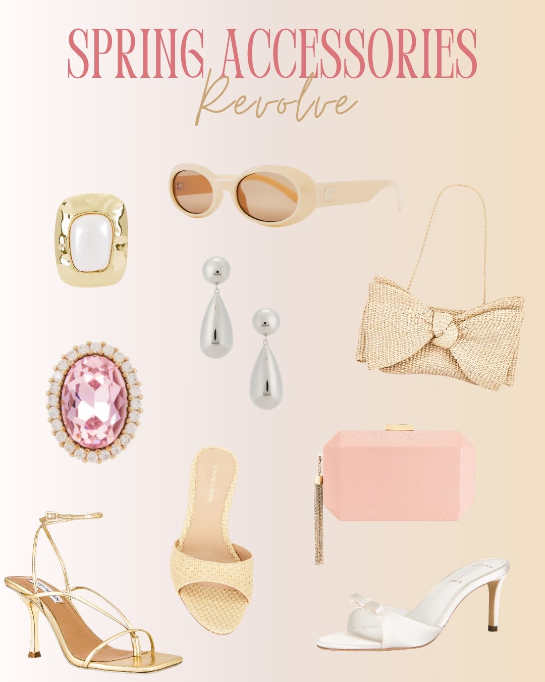 These spring and summer accessories from Revolve are perfect for creating feminine, elegant, and vacation-ready looks. The collection features woven textures, blush tones, and metallic finishes—including gold strappy heels, a raffia bow bag, pearl and gemstone rings, and sleek drop earrings. Pair these accessories with wedding guest outfits, brunch looks, or your favorite LTK resortwear edit for a polished, seasonal vibe.

#LTKFindsUnder100 #LTKStyleTip #LTKSeasonal