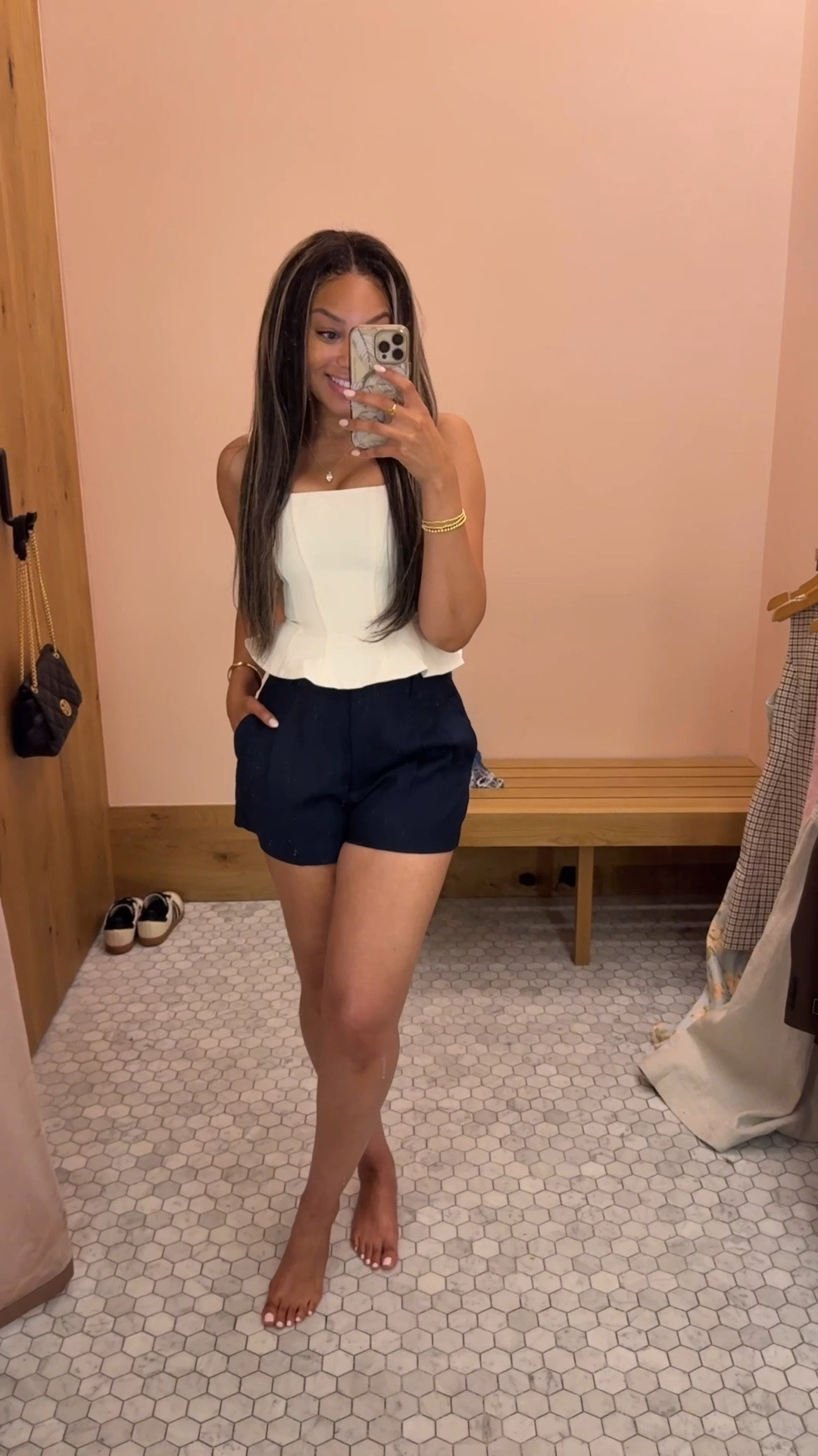 CUTE spring and summer outfit idea from @Aritzia 😍🤍 size 00 Rhodora Bustier Crepette and size 4 Effortless Short 

Aritzia navy blue shorts white bustier spring outfit summer peplum cute classy sleeveless effortless classic 