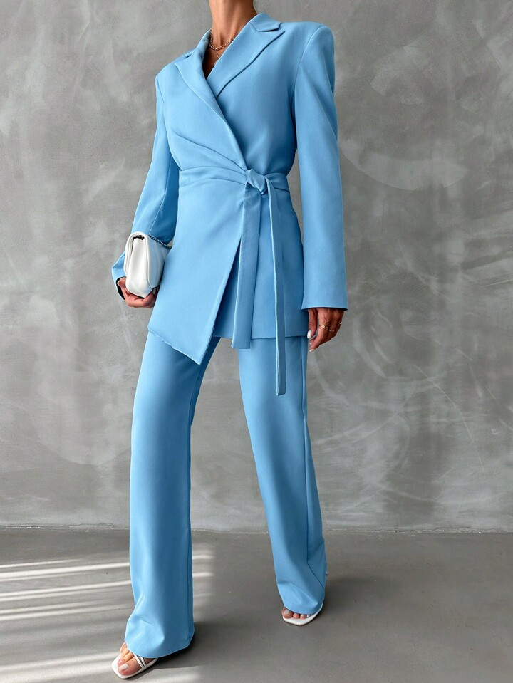 SHEIN Abito Blazer E Pantaloni A Gamba Larga Con Risvolto A Lancia, Di Colore Solido | SHEIN